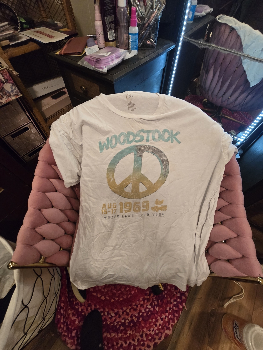Cato White Women's T-Shirt with Teal & Gold Peace Sign - Woodstock Graphic